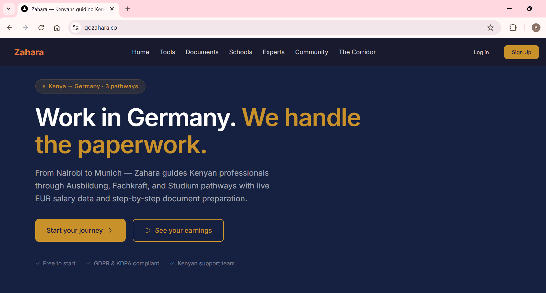 Zahara dashboard showing your Germany migration journey